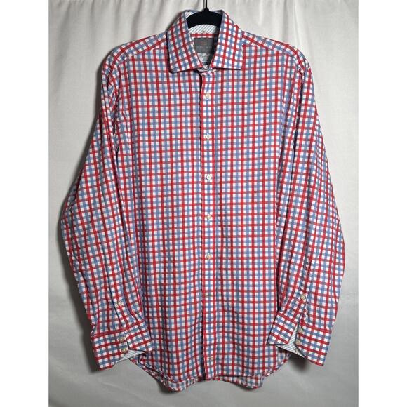 Thomas Dean Other - THOMAS DEAN Men's Red Blue Plaid Cotton Button Up Dress Shirt Size Medium